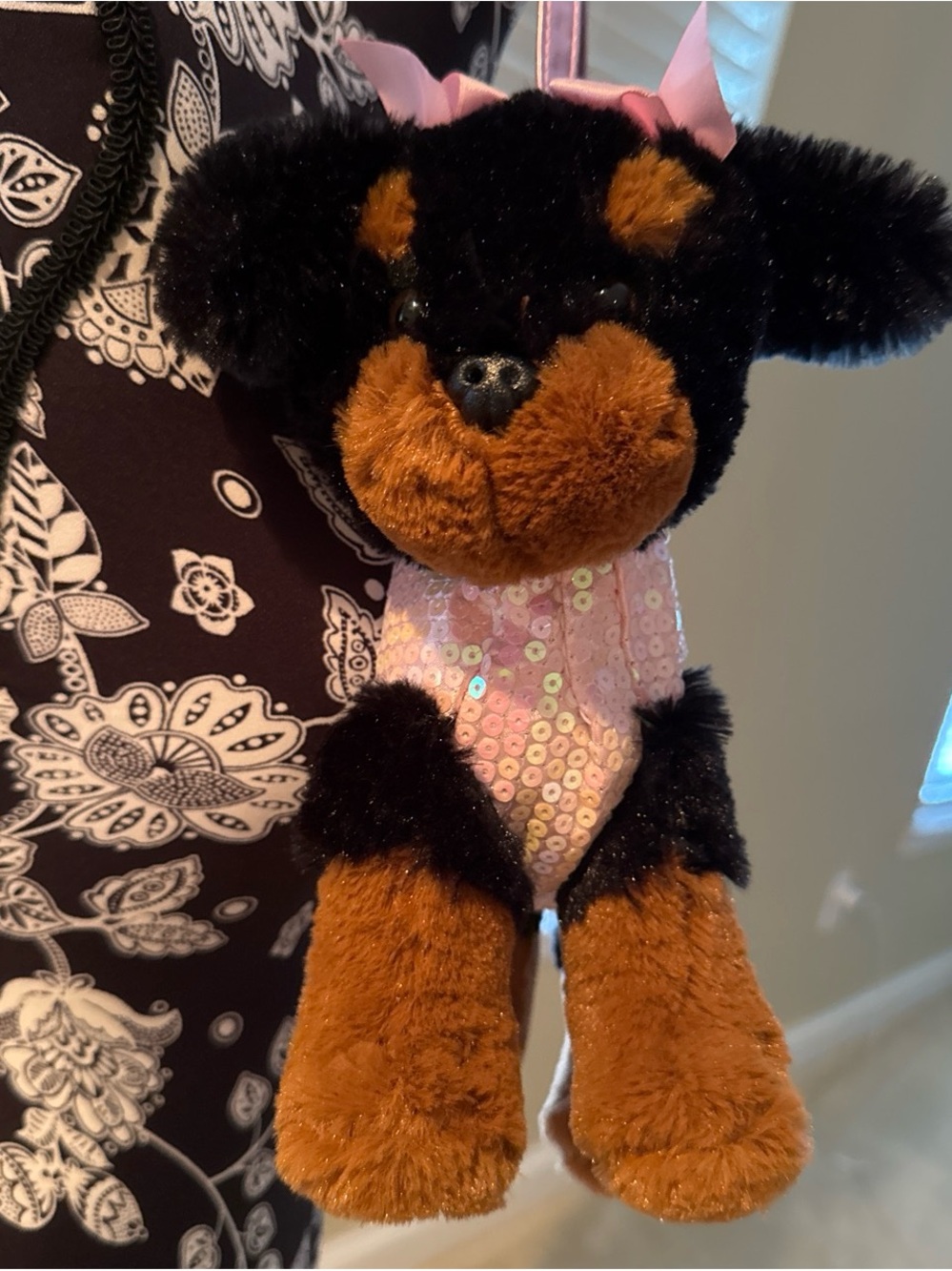 Plush Black & Brown Puppy Purse with Pink Sequin Outfit